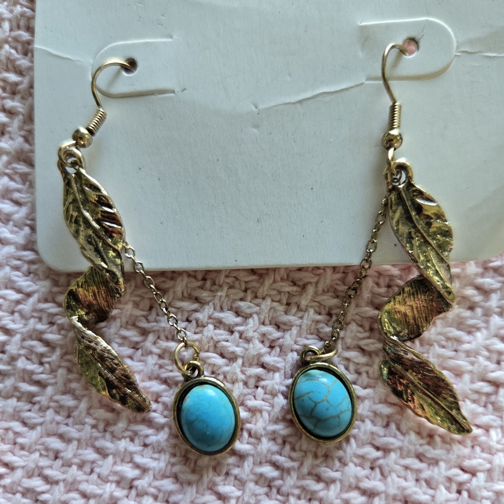 Gold and Turquoise Leaf Dangle Earrings